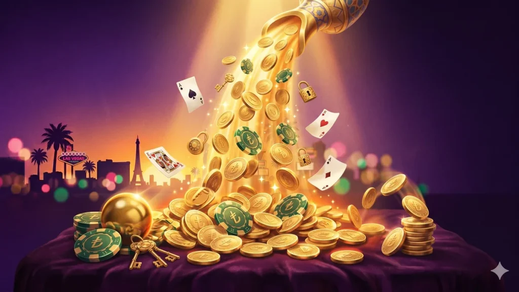 DaVegas hoşgeldin bonusu: altın para şelalesi ve casino chip yığını, Vegas zenginliği